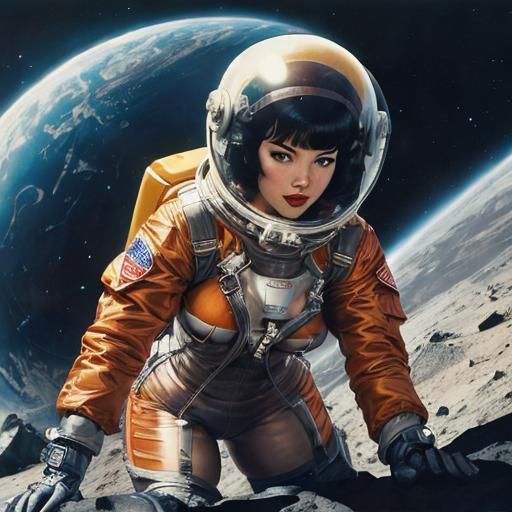 Retro Sci-Fi Pinup Girl on Alien Planet in 1950s Style