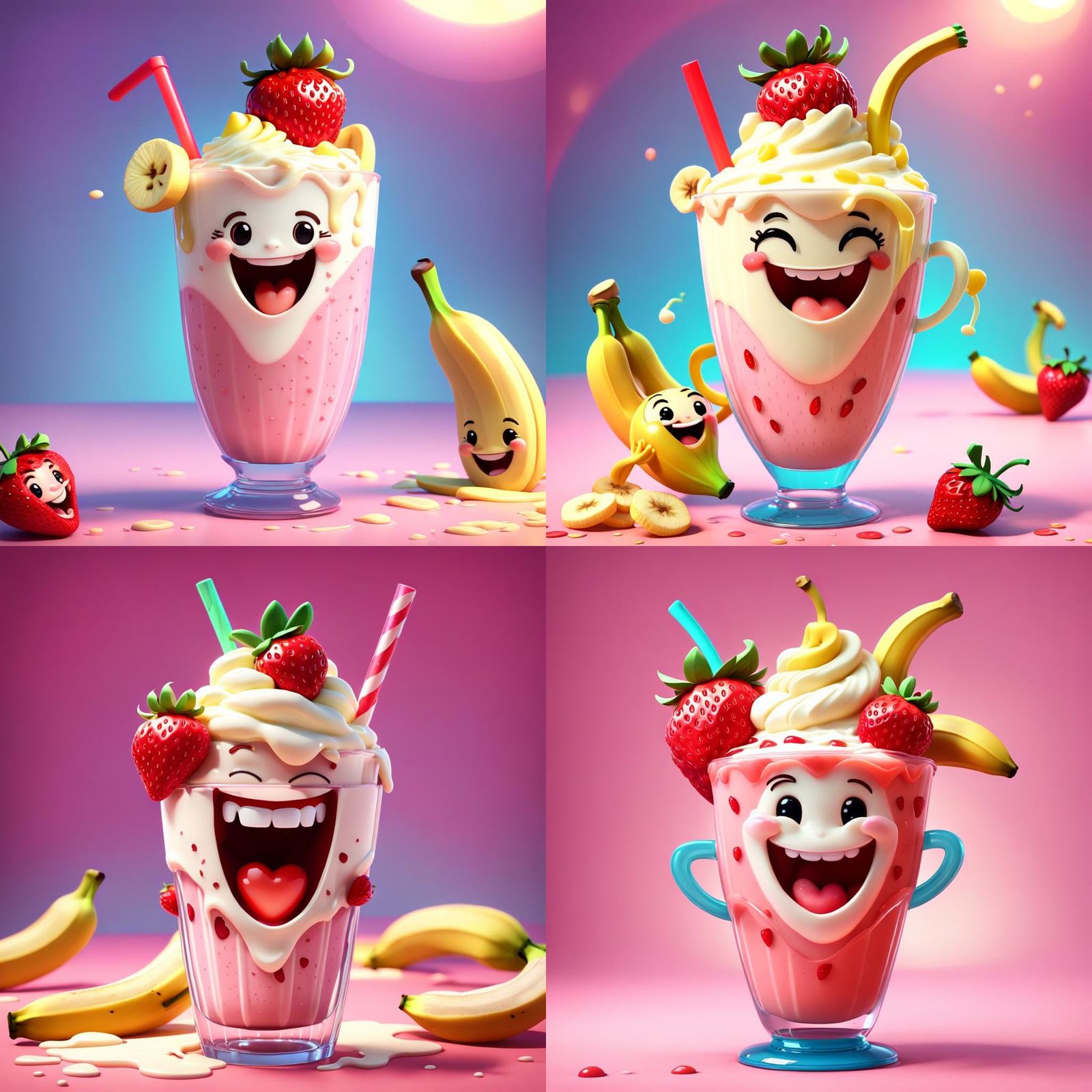 Chibi Strawberry and Banana Milkshake, 3D Animation