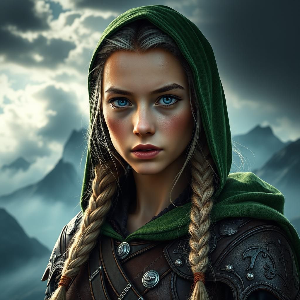 Mountain Woman Portrait with Braided Hair in Digital Art