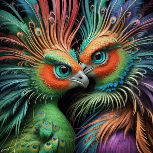 Surrealist Portrait with Peacock Feathers and Dragon Scales