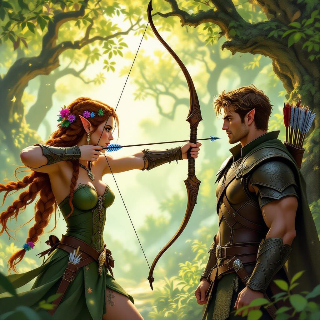 Elf Princess Aims Bow at Warrior in Sunlit Forest