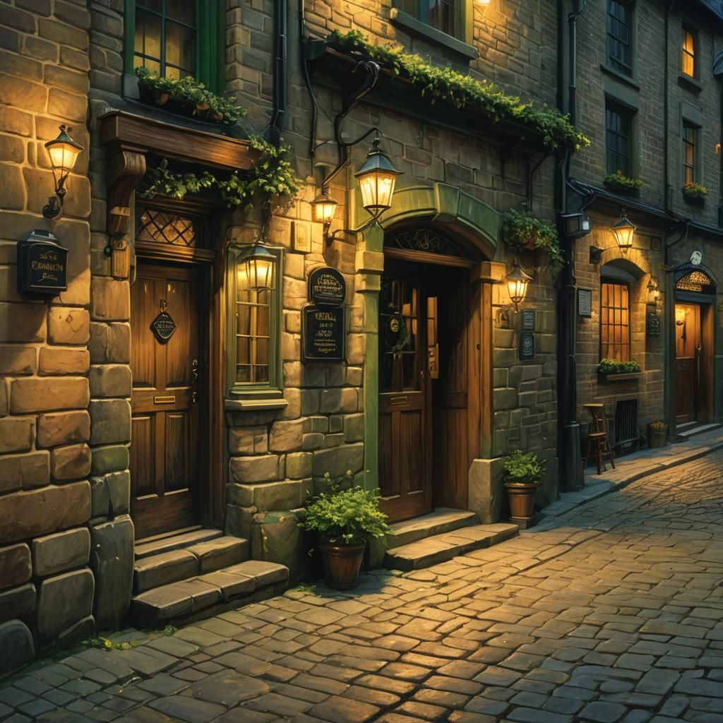 Cozy London Pub in Mystical Alleyway, Digital Painting