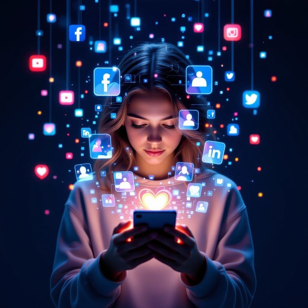 Young Person Lost in Glowing Smartphone Screens, Symbolic Ar...