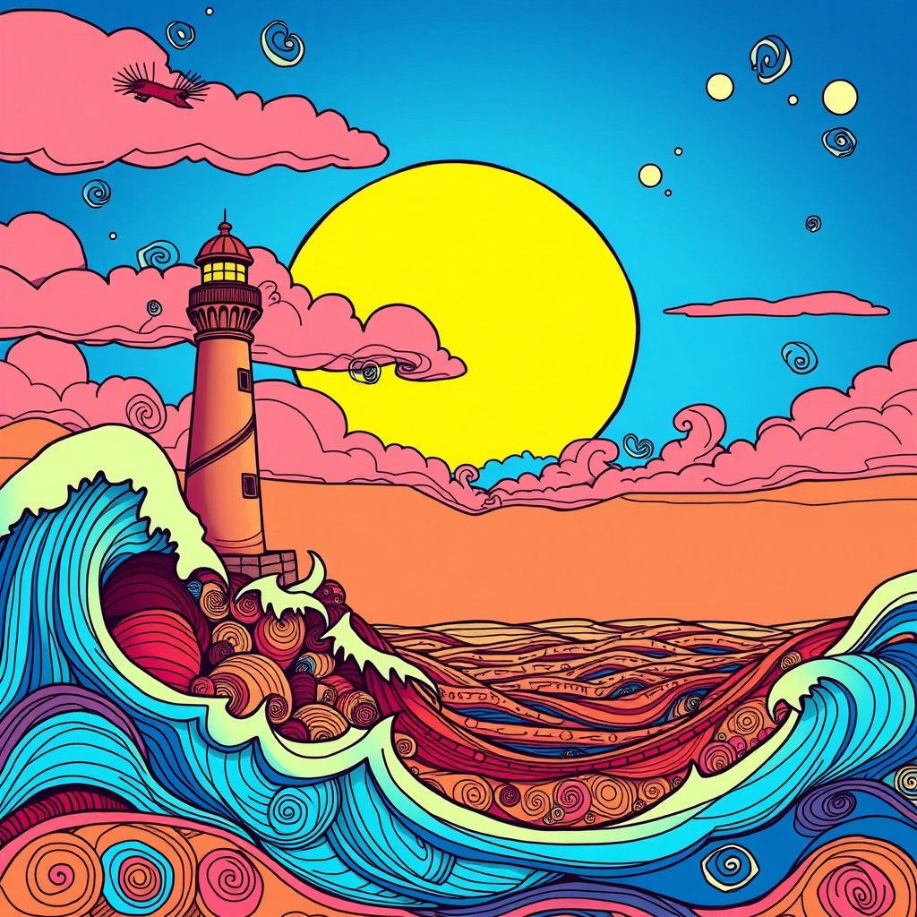 Doodle Ocean Scene with Lighthouse and Sun