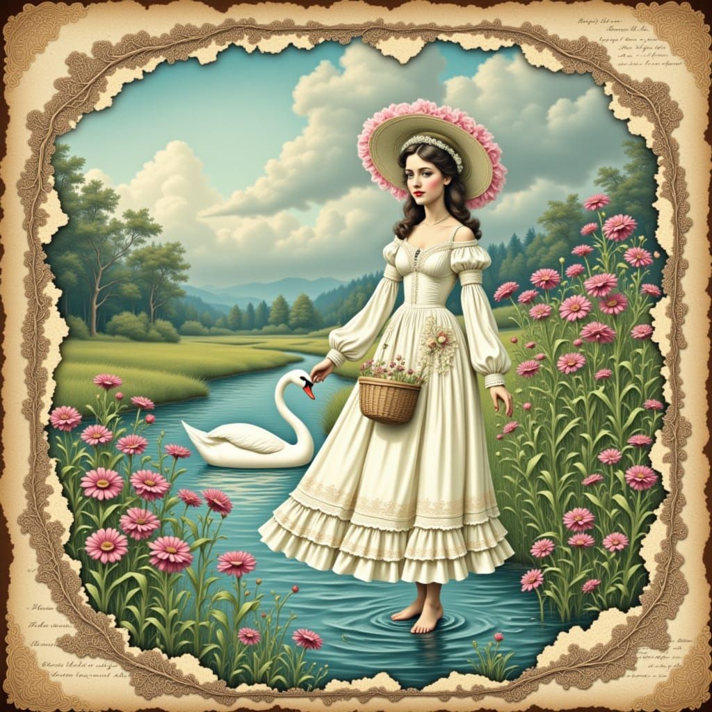 Retro Vintage Spring Swan Maiden Landscape in Impressionist ...