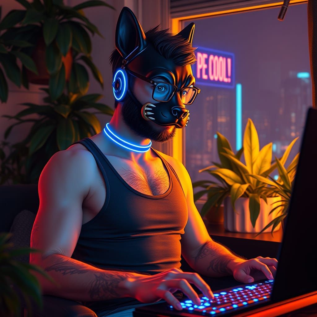 Rugged Gamer in Neon-Lit Haven