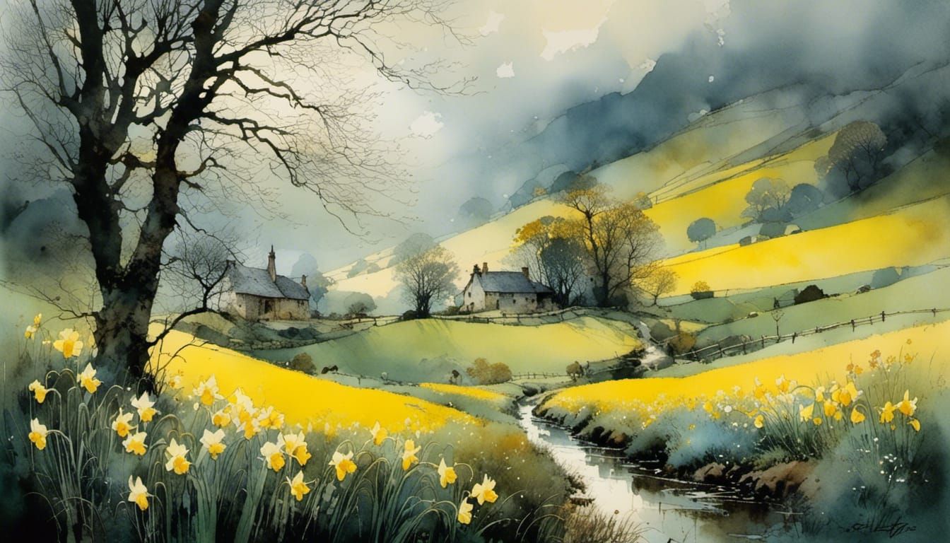 Mystical Valley Landscape with Daffodil Blooms after Rain