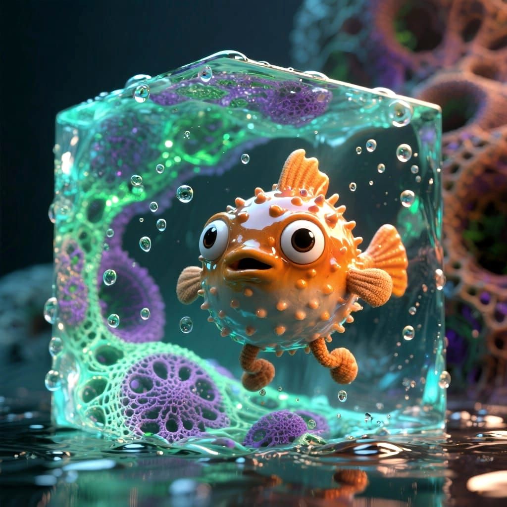 Ethereal Pufferfish Puppet in Abstract Fractal World