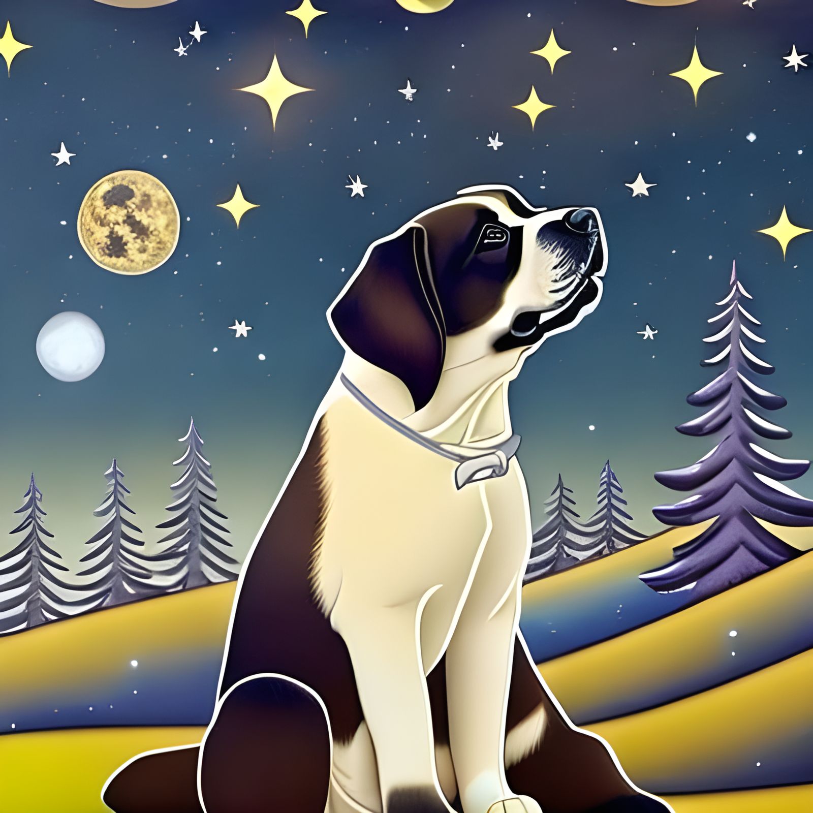 Saint Bernard Puppy and Magical Starry Night