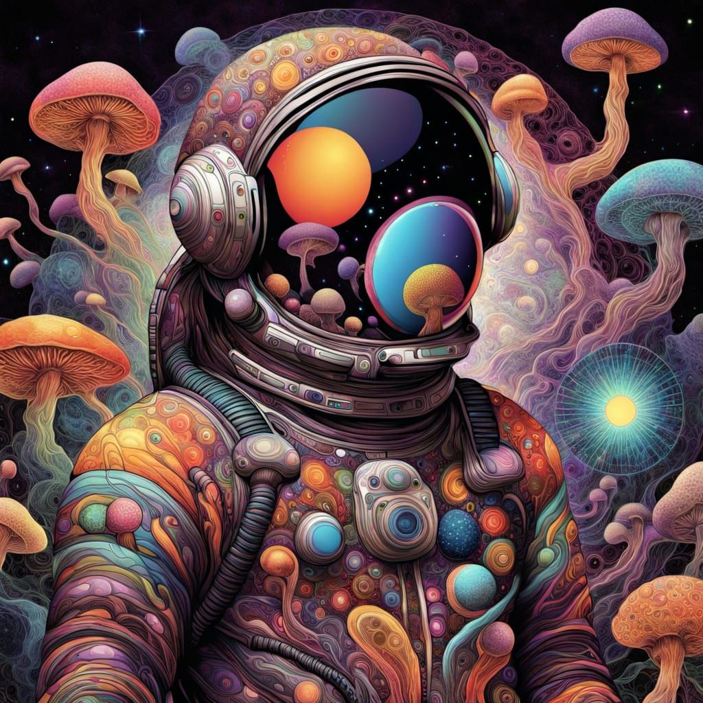 Vibrant Fungal Astronaut in Cosmic Fractal Space