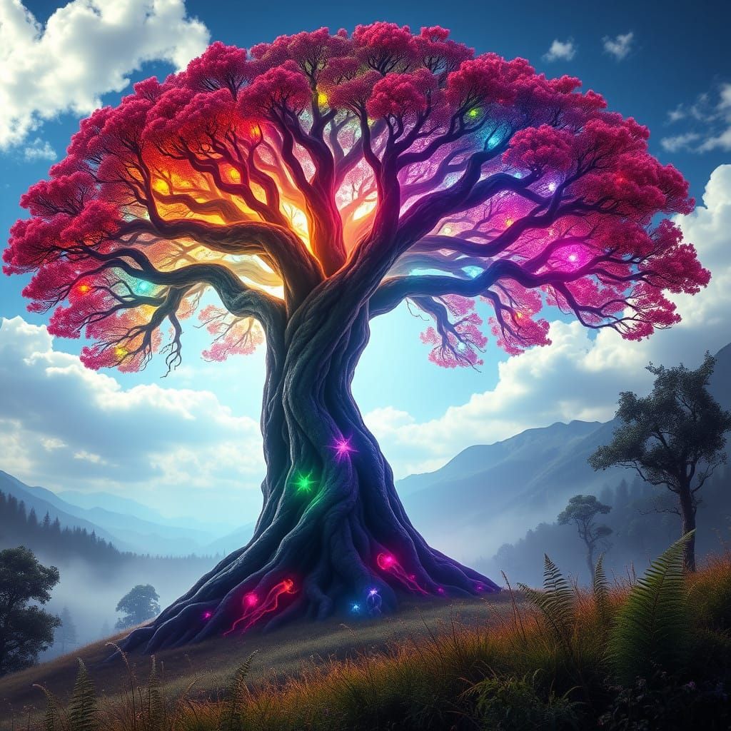 Majestic Seven Colours Tree Against Brilliant Blue Sky