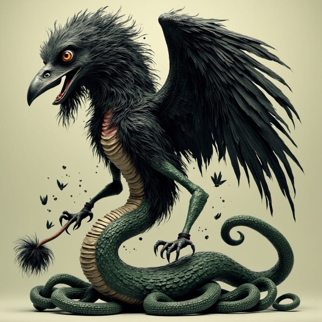A snake with the head of a raven, The snake has a hood like ...