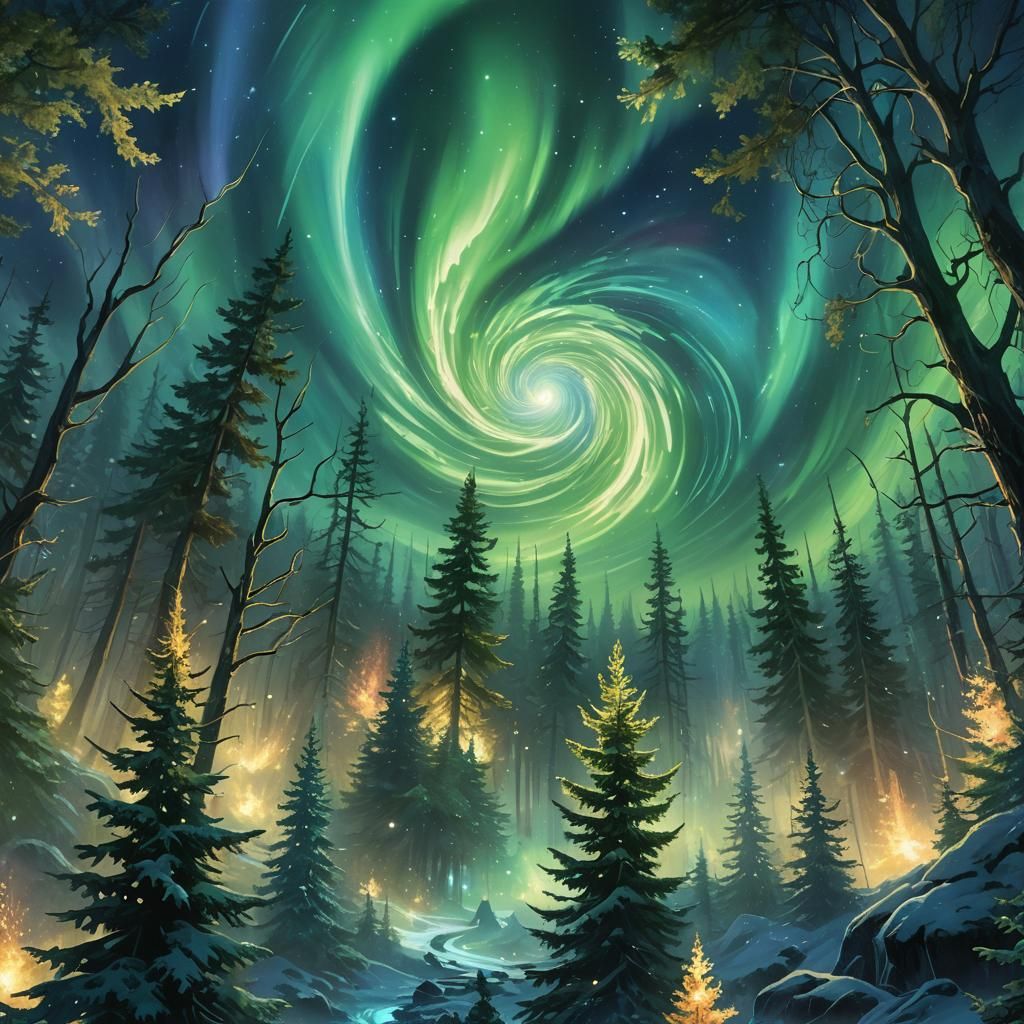 Aurora Borealis Over Mystical Forest: Digital Art