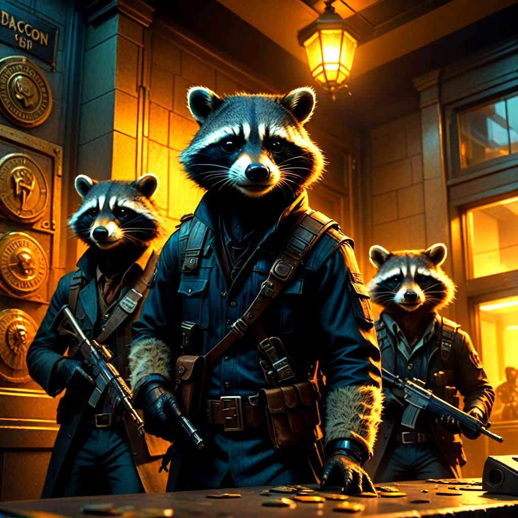 Raccoon Bandits Robbing a Bank in Dark Fantasy Art