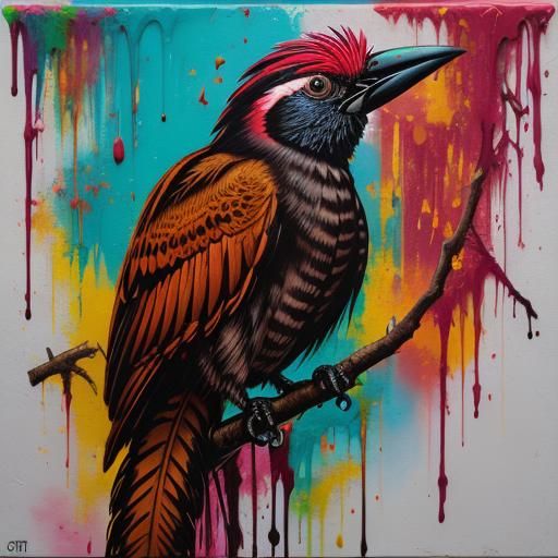 Colorful Cacao Tree and Guacamayo in Graffiti Art