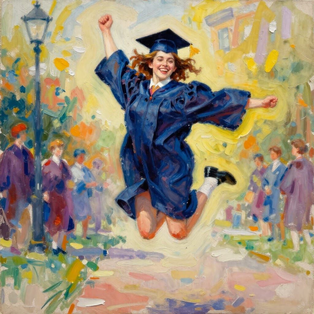 Joyful Graduate Leaping in Exultation Gouache Painting