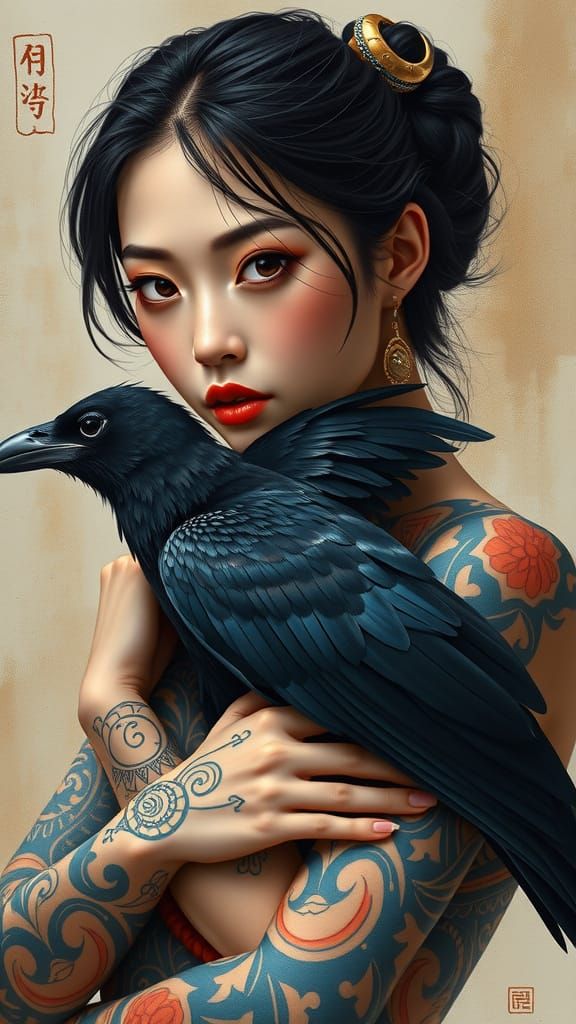 Majestic Tribal Goddess with Raven in Ethereal Light