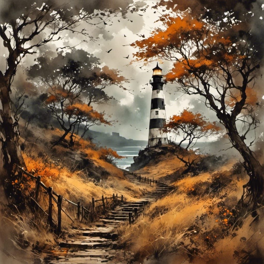 Autumn Lighthouse Scene in Ink Sketch Style