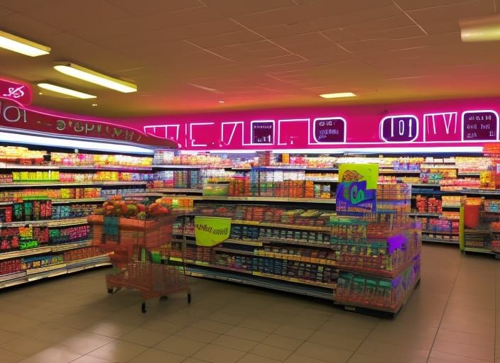 Synthwave Neon Grocery Store Interior