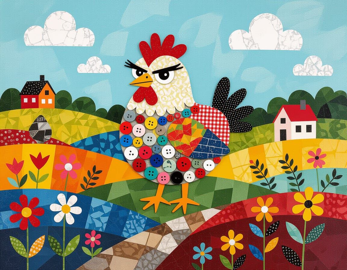 Whimsical Mixed Media Landscape in Naive Folk Art Style