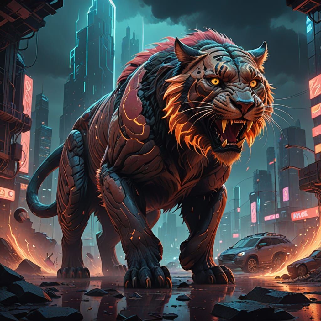 Majestic Sabre-Toothed Cat in Vibrant Fantasy Environment