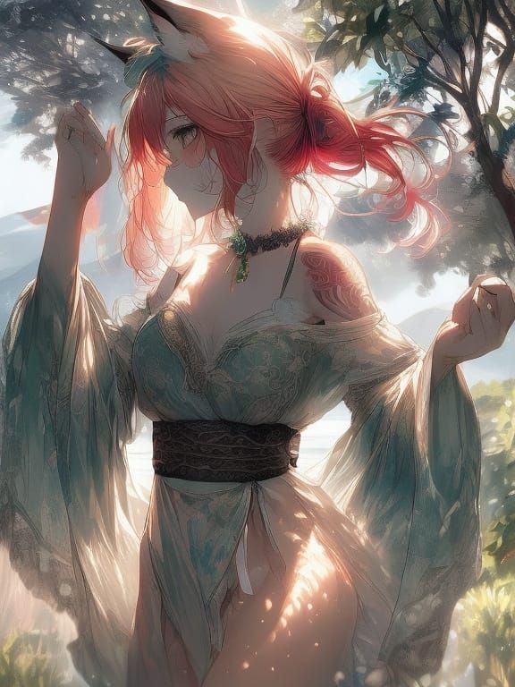 Aesthetic Catgirl Beach Volleyball in Manga Style