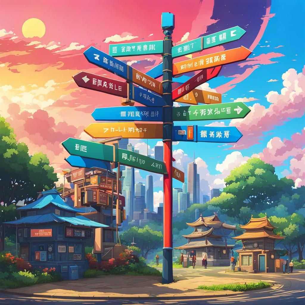 Anime Signpost at Crossroads in Detailed Style