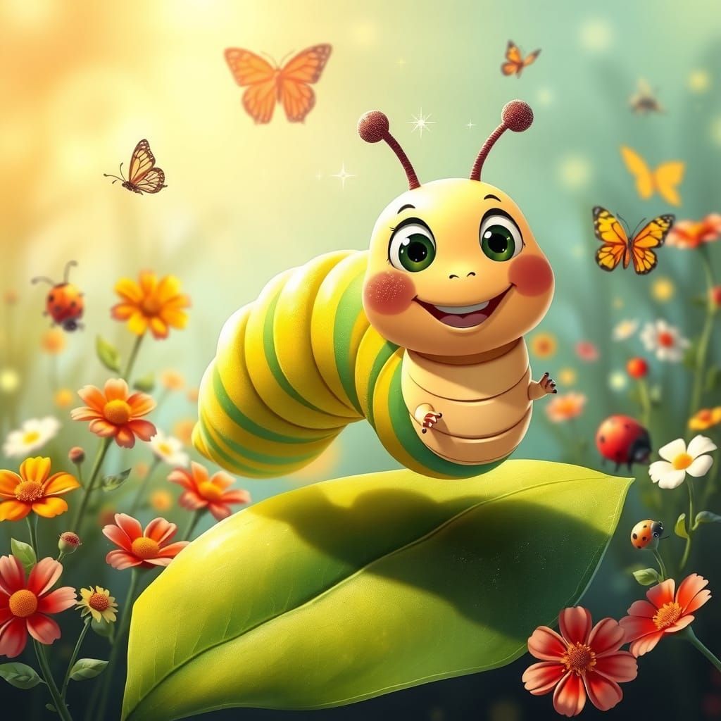 Anime Caterpillar Bouncing in Sunny Ghibli Garden