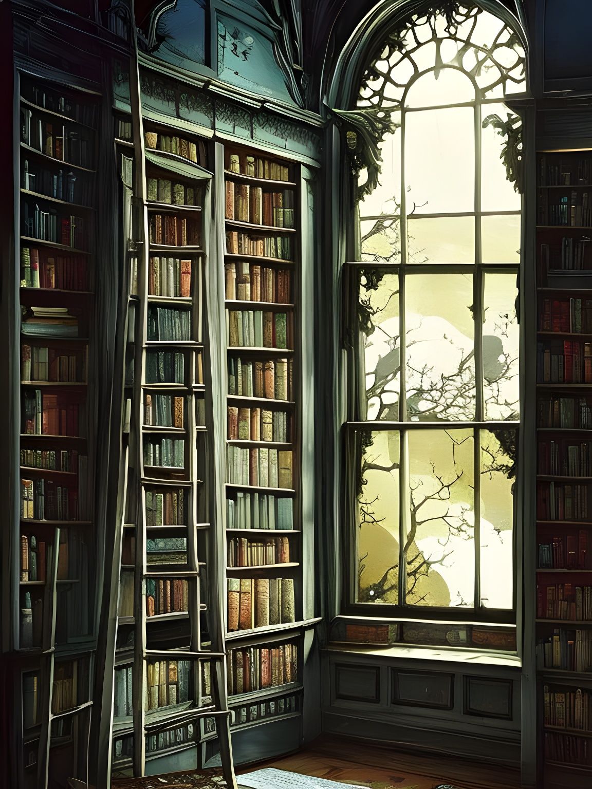 Victorian Library Window to Moonlit Stars