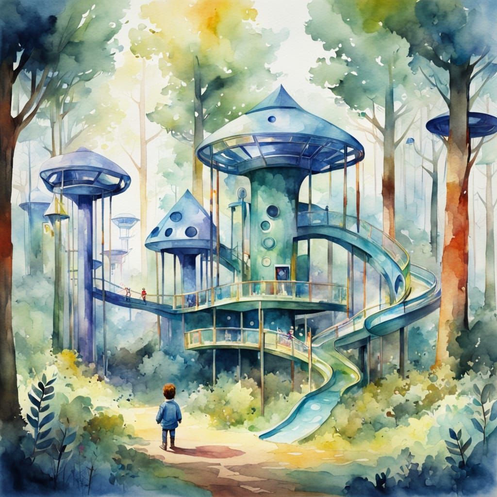 Child's Futuristic Forest Playground in Watercolor