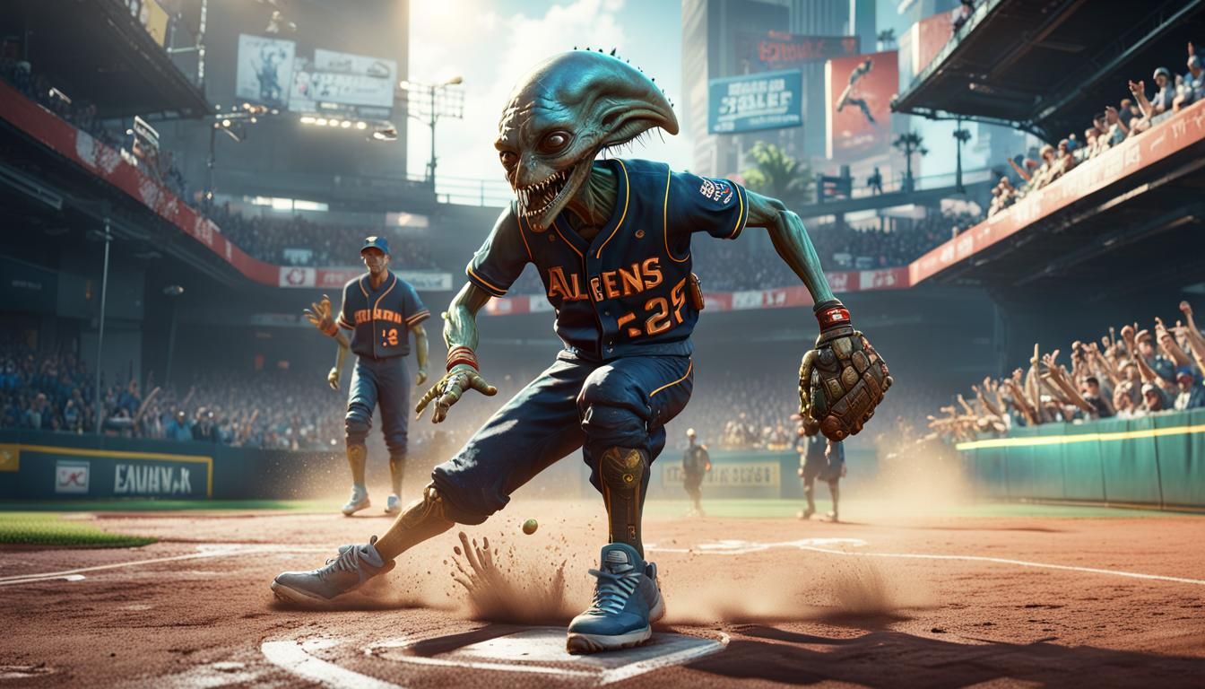 Aliens Playing Street Baseball in Hyperrealistic Style