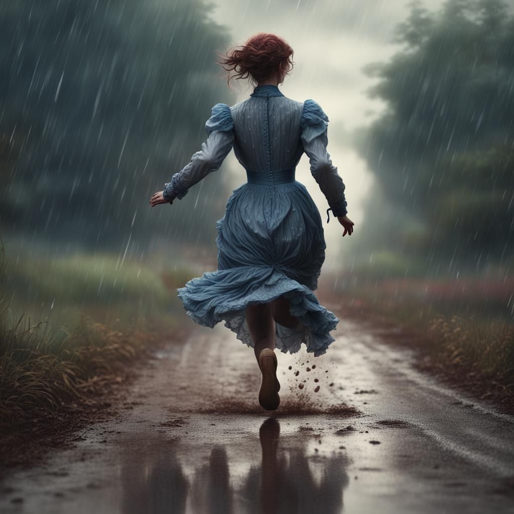 Edwardian Girl Runs in the Rain: Hyperrealistic Art
