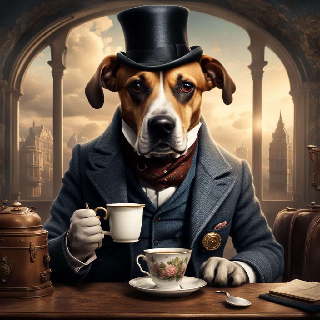 English Gentleman Dog-Man Enjoying Tea