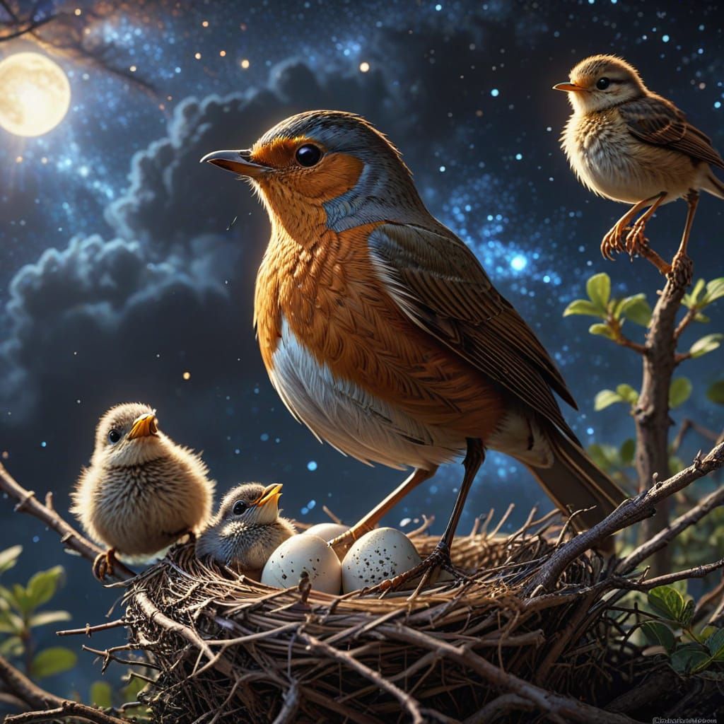 Robin Family Under the Milky Way: Photorealistic Image
