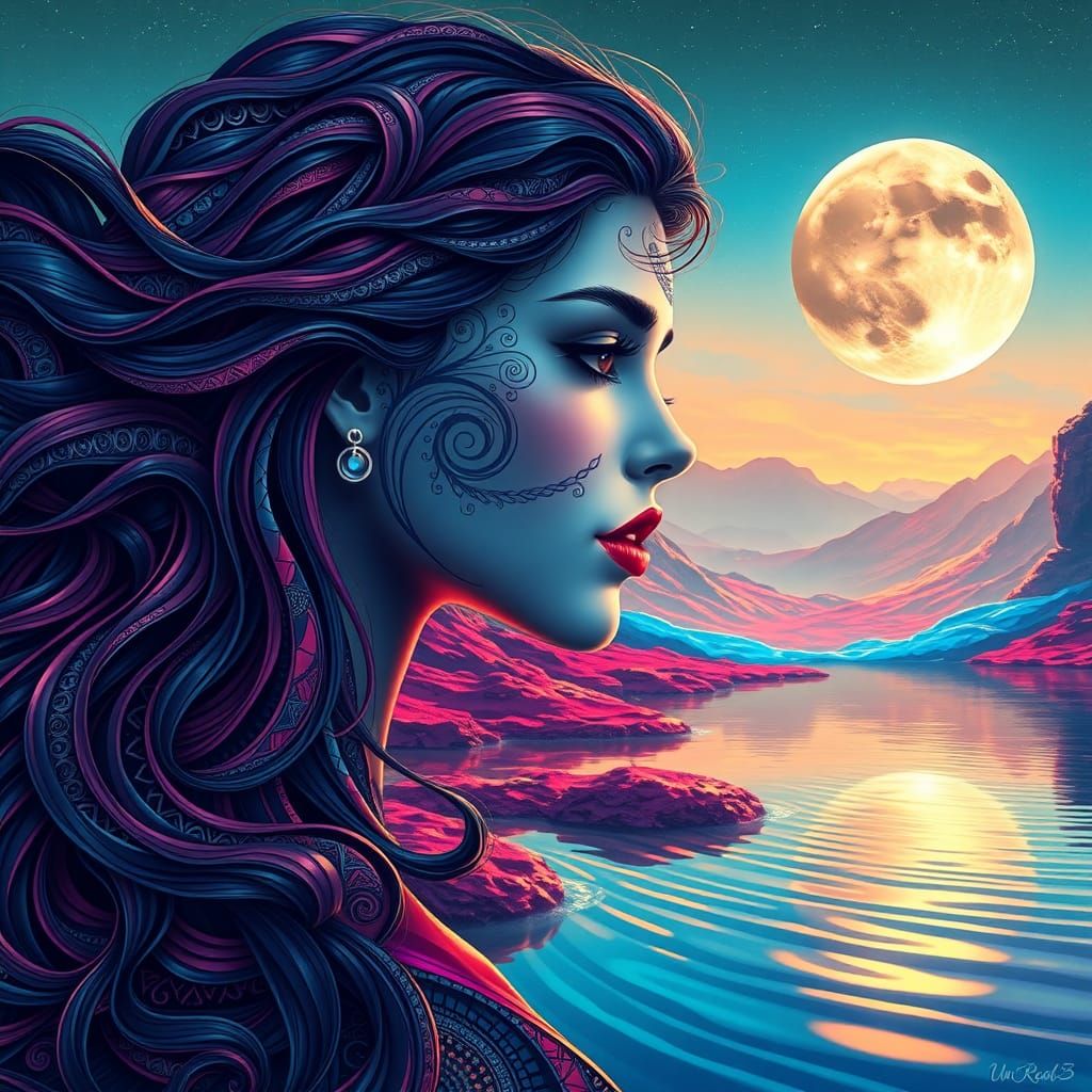 Ethereal Woman with Fractal Patterns on Alien Planet