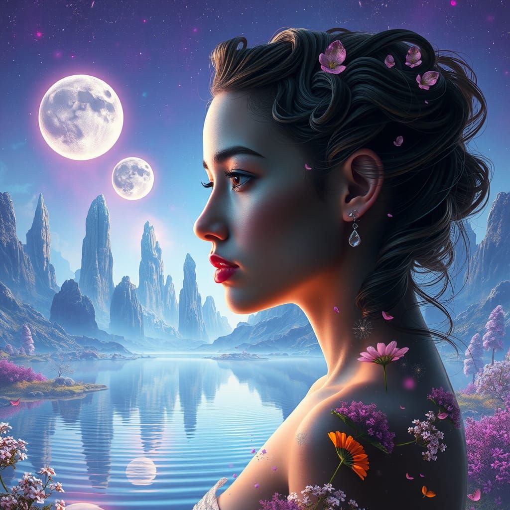 Ethereal Woman in Alien Landscape: Double Exposure Portrait