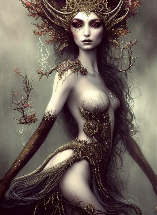 Elegant Elf Queen with Feathered Gown, Digital Art