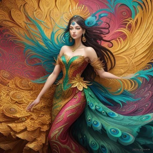 Dragon Peacock Woman in Vibrant Abstract Expressionism