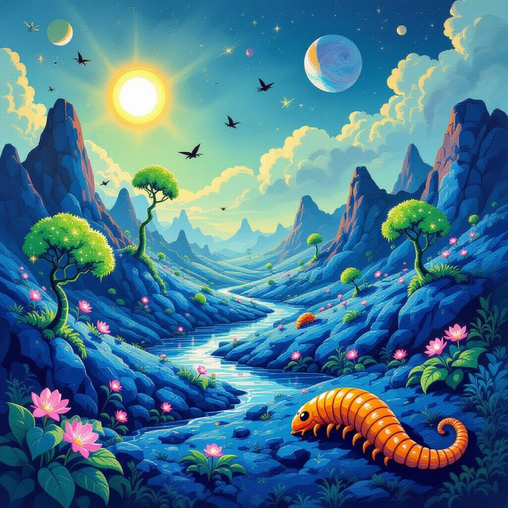 Exotic Alien Landscape with Centipede Creature