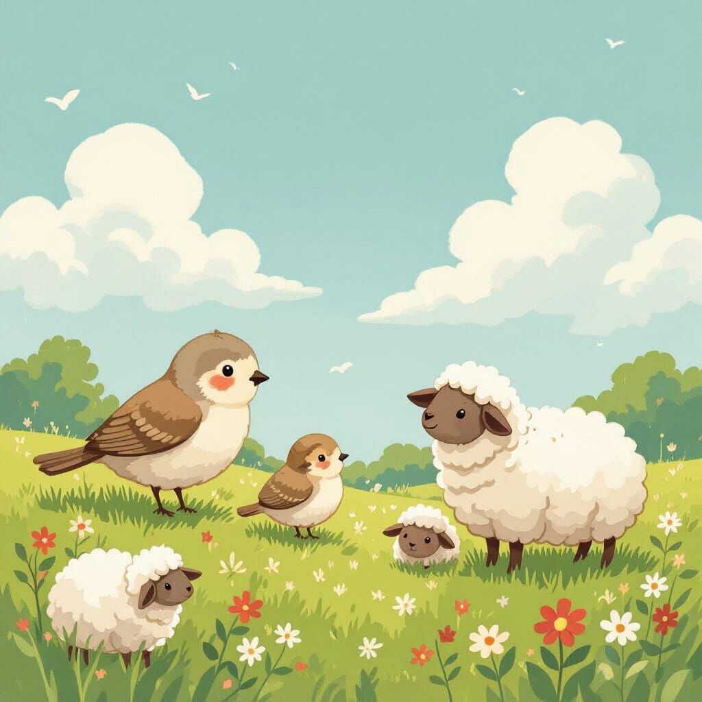 Whimsical Meadow Scene with Birds and Sheep