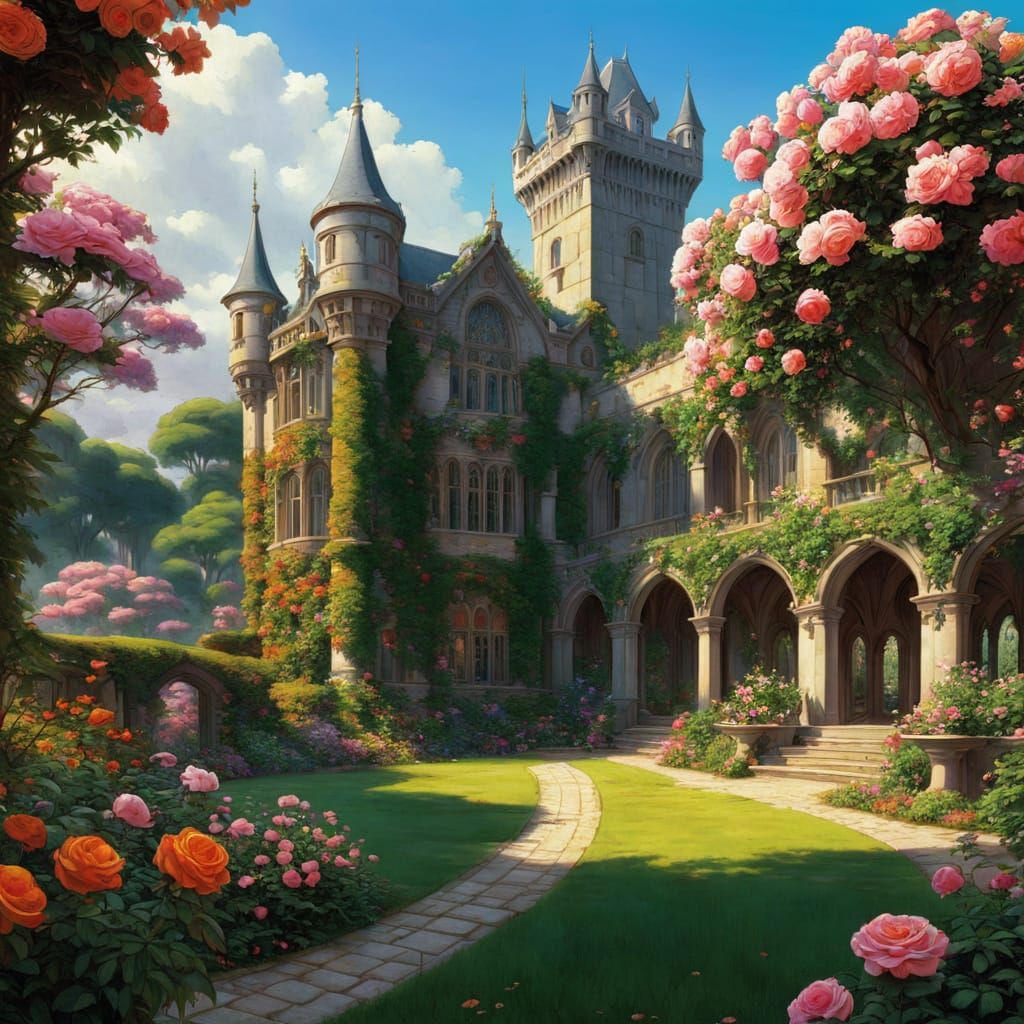Fantasy Castle in a Rose Garden, Anime Style