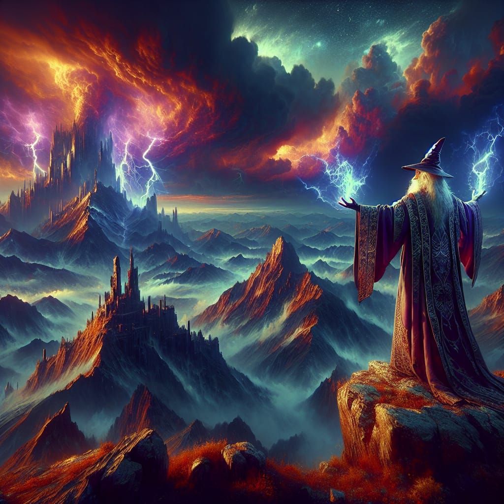 Wisdom of the Ancient Wizard in a Stormy Mountainous Landsca...