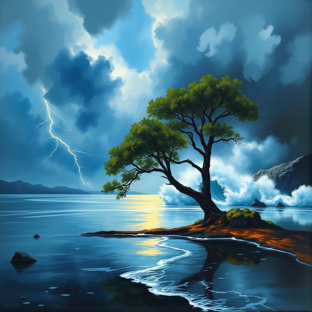 Tree Between Calm Lake and Stormy Sea