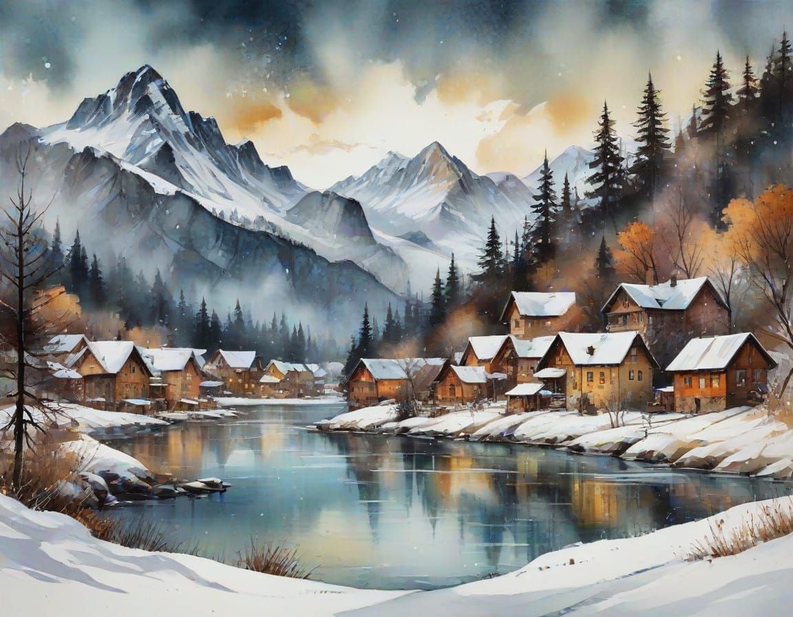 Winter Village Scene with Snowy Mountains