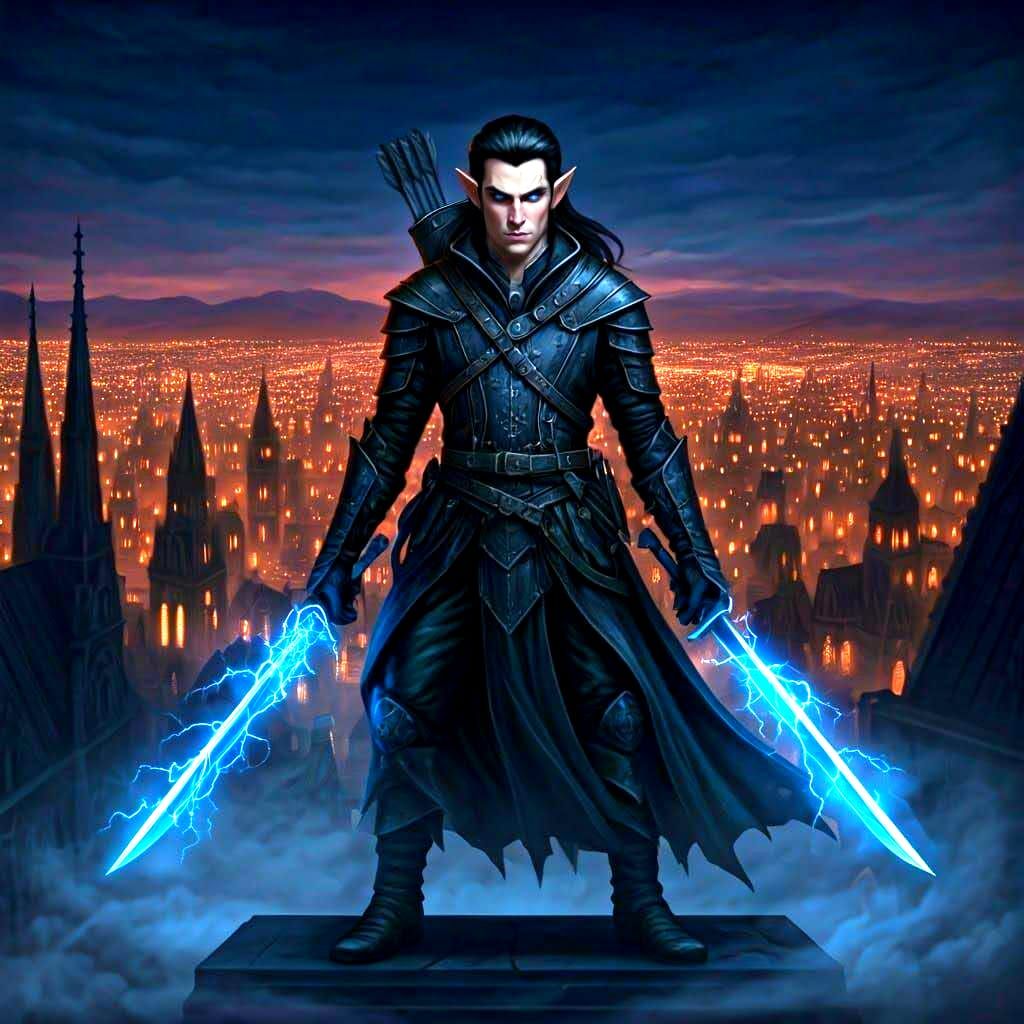 Half-Elf Rogue on Rooftop with Lightning Sword