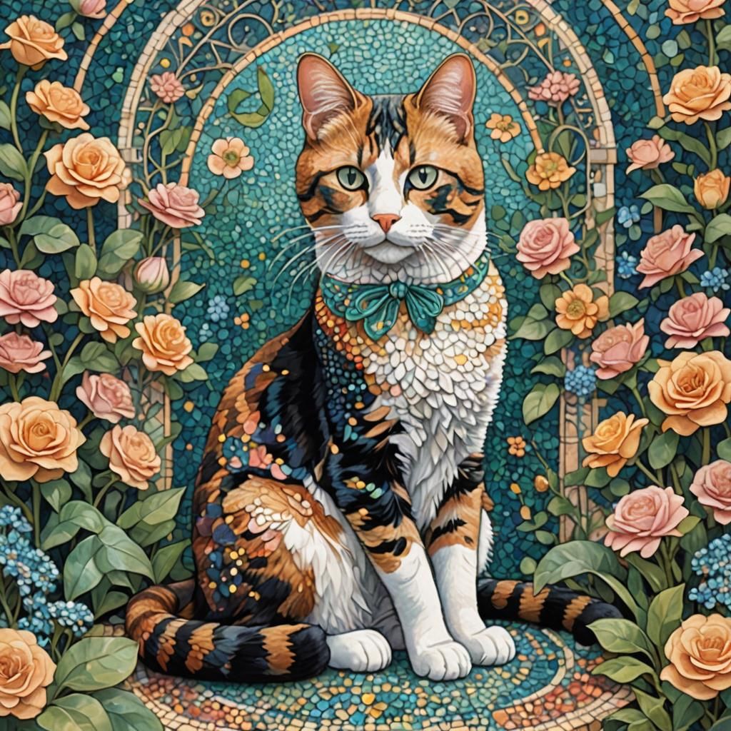 Calico Cat in Art Nouveau Pointillism Garden