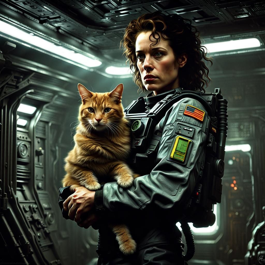 Hyperrealistic Ripley and Jonesy on the Nostromo