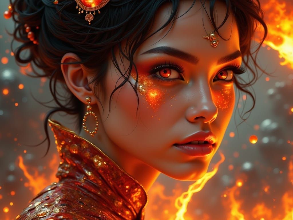 Woman Reflecting Fiery Sky in Vintage-Futurism Style