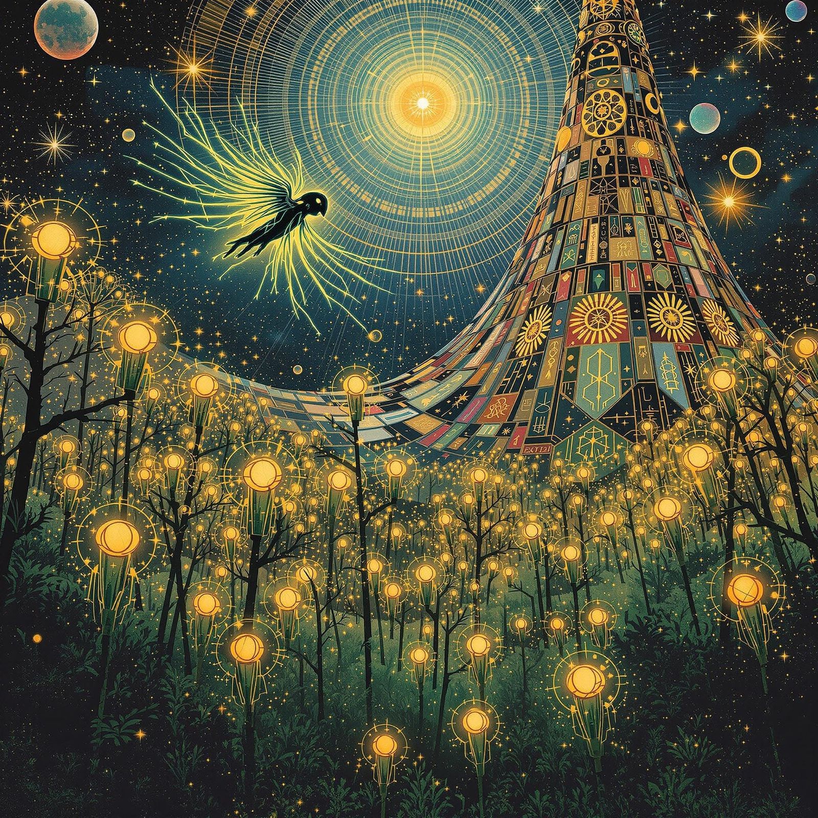 Cyberpunk Creature Soars Over Glowing Wire Forest