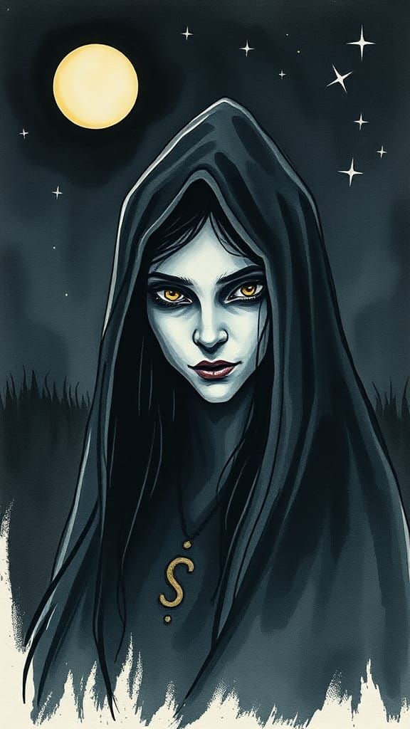 Eerie Witch Portrait in Watercolor Style